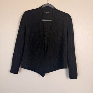 Eileen Fisher Cardigan Womens PP Black Minimalist Jacquard Pleated Wool Blend